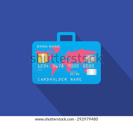 Travel and shop with credit card and luggage concept in flat design style and long shadow