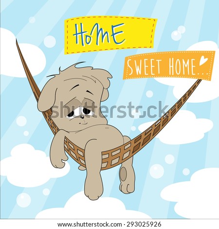 Sweet home vector illustration. Cute puppy lazes in a hammock and feels good, almost feels like in Paradise.