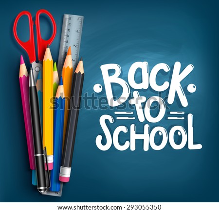 Back to School Title Words with Realistic School Items With Colored Pencils, Scissor, Pen and Ruler in a Blue Texture Background. Vector Illustration Royalty-Free Stock Photo #293055350