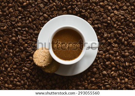 Still life photography of hot coffee beverage with text Bulgaria