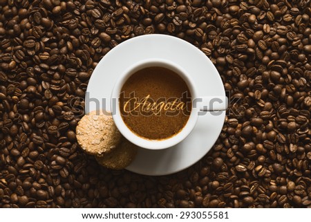 Still life photography of hot coffee beverage with text Angola