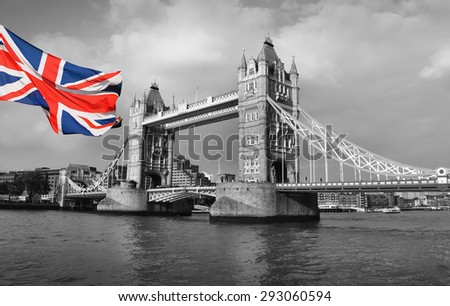 Tower Bridge in London and flag - black and white photo