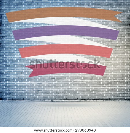 Set of gray and white banners on brick wall background. Vector illustration
