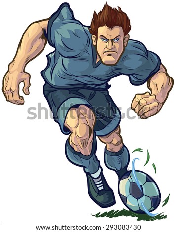 Vector cartoon clip art illustration of a tough, determined soccer or football player dribbling the ball forward. Color and Uniform elements are on separate layers in the file for easy customizing.