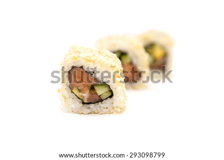 Traditional Japanese sushi rolls, isolated on white background