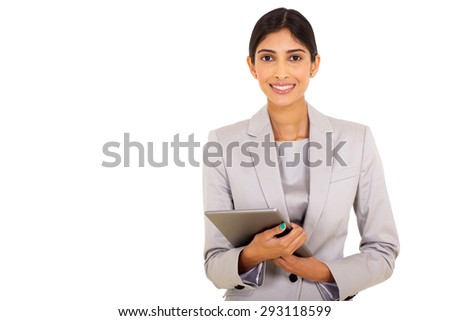 beautiful female corporate worker holding tablet computer