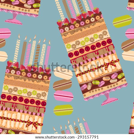 Big multilayer cake with candles and macaroons. Seamless background pattern. Vector illustration
