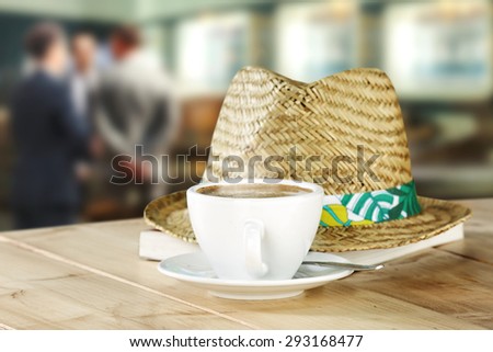 decoration of coffee in cup and interior of cafe 