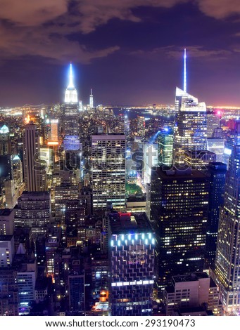 Nighttime New York City skyline from above