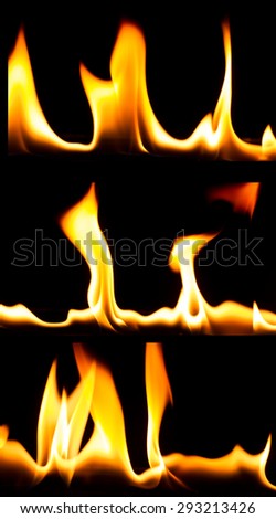 Set of three orange flame strips isolated on black 