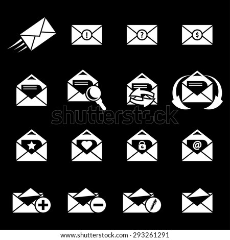 Vector white Email icons set on black background