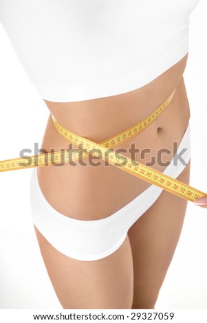Close up measurement of a female waist on a white background