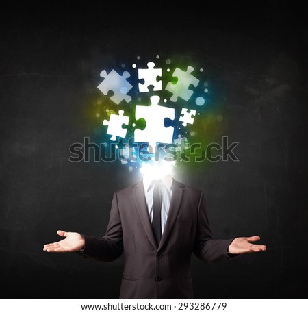 Character in suit with glowing puzzle head concept