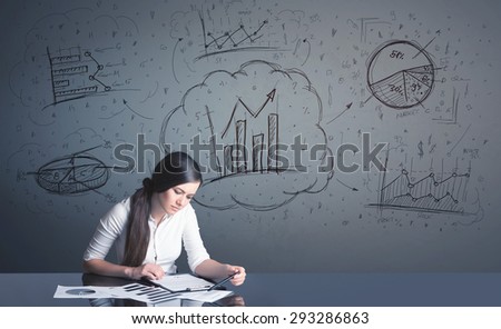 Successful businesswoman with all kind of hand-drawn business diagrams in background 