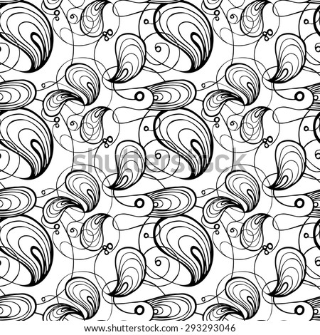 Vector creative abstract hand-drawn seamless pattern of swirling and flowing elements in black and white Royalty-Free Stock Photo #293293046