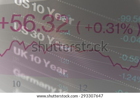 Macro photo of trading terminal on PC monitor. Financial data on PC screen. Multiple exposure.
