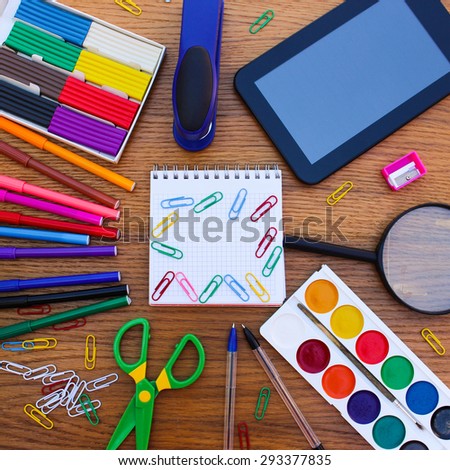 Stationery objects. Office and school supplies on table