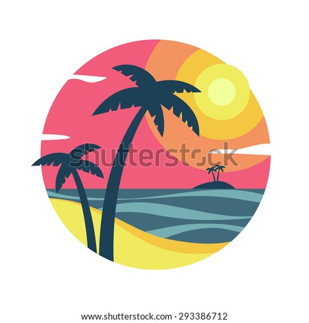  Sunrise with palm trees on the tropical island.