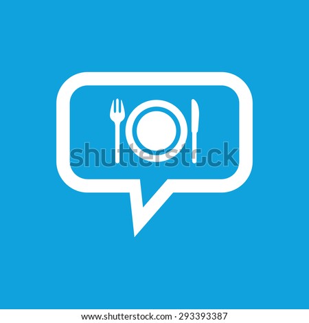 Image of fork, knife and plate in chat bubble, isolated on blue