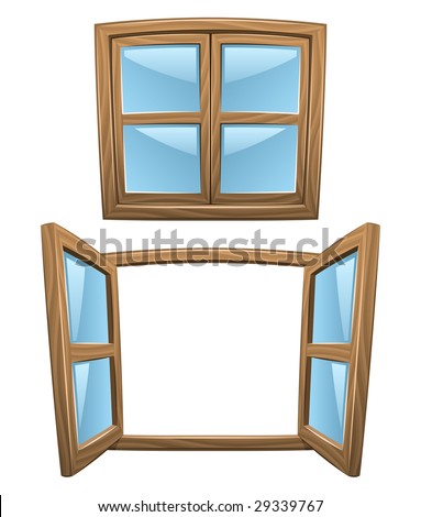 Cartoon wooden windows - closed and open