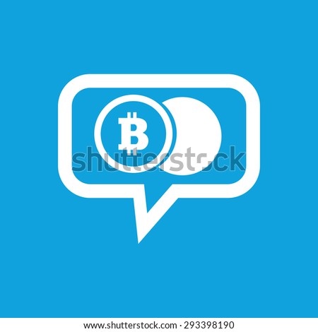 Image of coin with bitcoin symbol in chat bubble, isolated on blue