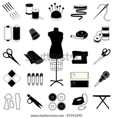 Sewing, Tailoring, Needlework Icons: fashion model, needle, thread, machine, ribbon, patterns, buttons, thimble, pincushion, sewing label, scissors. For do it yourself textile arts and crafts. EPS8.