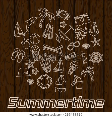 Vector Illustration of Outline Beach Concept for Design, Website, Background, Banner. Summer Tourism Infographic Silhouette Element. Travel Sun and Sea Resort Template on Wood