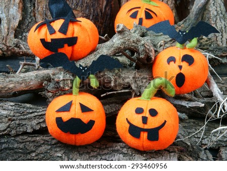Amazing halloween background in red color, group of handmade pumpkin on night, light from candle make scary, horror symbol, halloween is tradition season