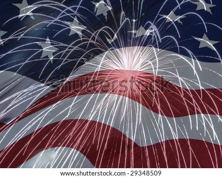 Picture of an American flag superimposed over an image of exploding fireworks.