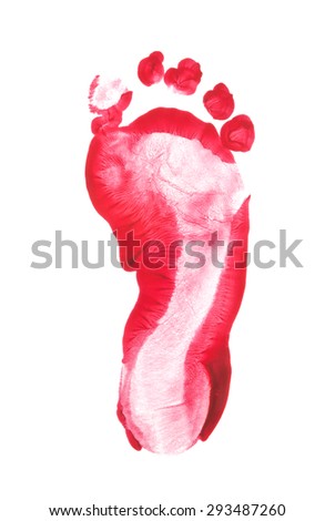 Kid foot prints with red color isolated on white background, top view.