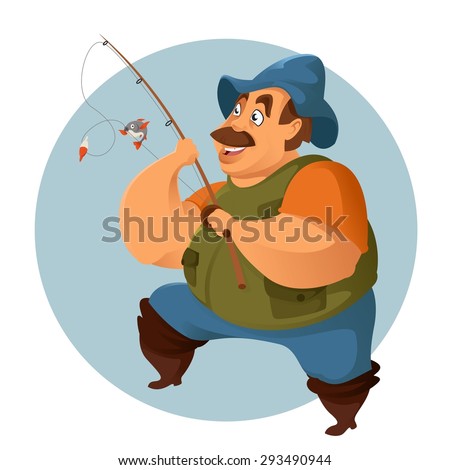 Image of fat cartoon smiling fisherman