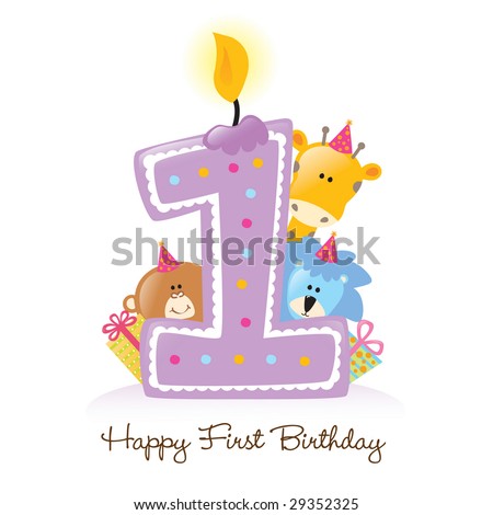 Happy First Birthday Candle and Animals Isolated over white