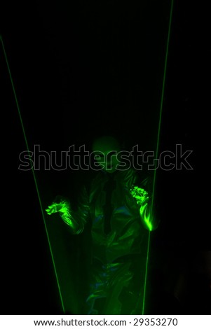 Wearing the mask and laser show in the discotheque