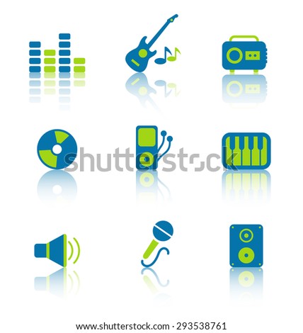 Illustration Set Colorful Icons of Music Equipment and Objects with Reflection. Isolated on White Background (1) - Vector
