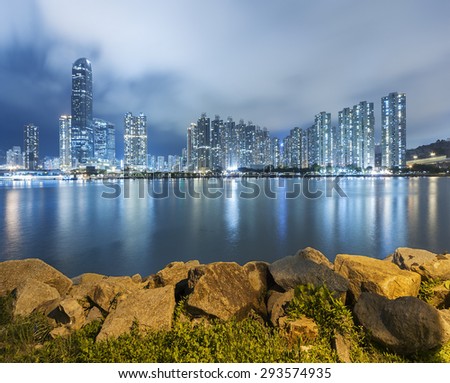 Panorama view of Harbor of Hong Kong City at night