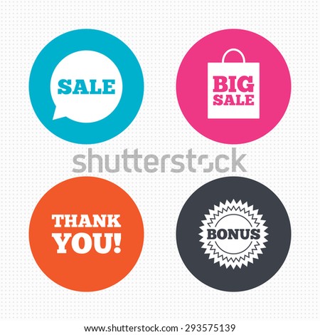 Circle buttons. Sale speech bubble icon. Thank you symbol. Bonus star circle sign. Big sale shopping bag. Seamless squares texture. Vector