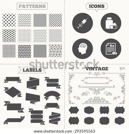 Seamless patterns. Sale tags labels. Medicine icons. Medical tablets bottle, head with brain, prescription Rx and syringe signs. Pharmacy or medicine symbol. Vintage decoration. Vector