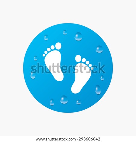 Water drops on button. Child pair of footprint sign icon. Toddler barefoot symbol. Baby's first steps. Realistic pure raindrops. Blue circle. Vector
