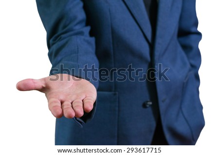 The businessman's photo in blue suit. The man offers a hand