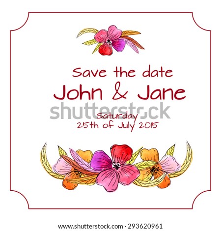 Invitation card SAVE THE DATE with watercolor tropical flowers. Vector illustration. 