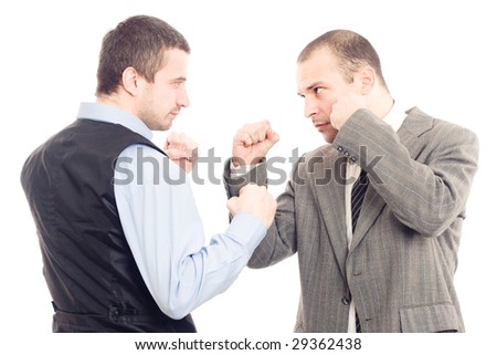 Angry business men fighting on a white background