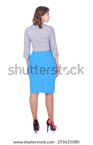 pretty young girl wearing flower printed blouse and blue skirt