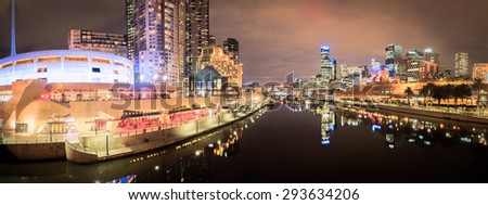 panorama of melbourne city australia at night looking down the yarra river
