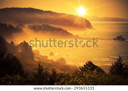 California Coastal Sunset. Shoreline Between Crescent City and Eureka in Northern California, United States. Scenic Sunset. Royalty-Free Stock Photo #293655131
