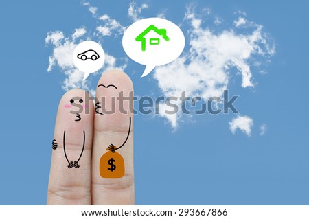 Couple Finger holding money on blue sky background , family concept