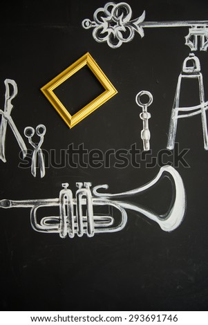 Paintings, musical instruments on a black background.