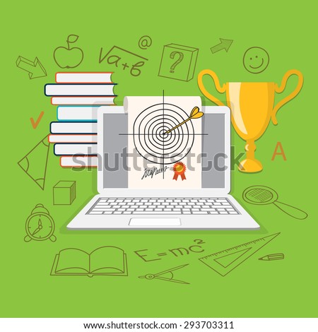 Flat design modern vector illustration  concept of  school, university, online education,  study, training, webinar with winner cup, isometric laptop, books and hand drawn icons and symbols - eps 10