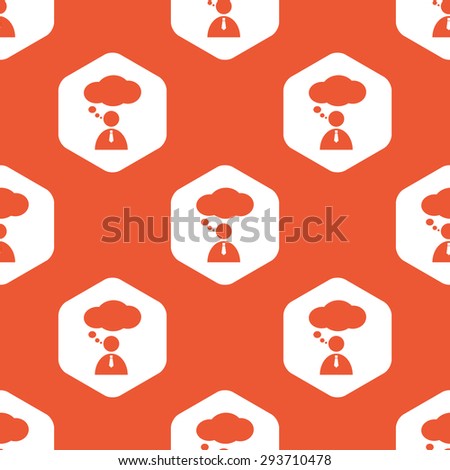 Image of person and thought bubble in white hexagon, repeated on orange background