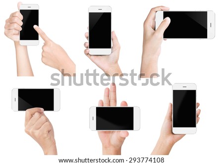 hand hold white modern smart phone similar to iphone style show screen display isolated set Royalty-Free Stock Photo #293774108