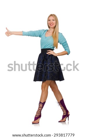 Blond hair girl in dark blue skirt isolated on white